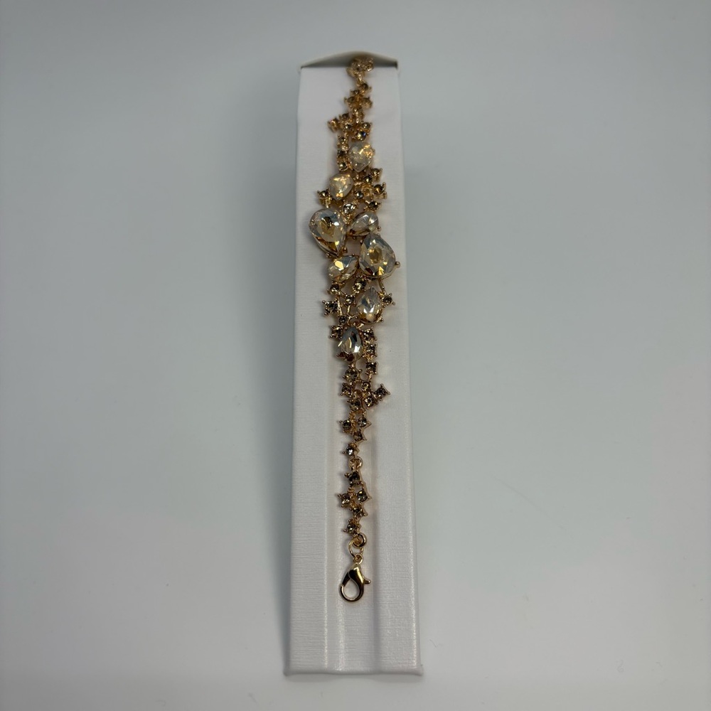 Champagne Crystal Rhinestone Teardrop Bridal Party Gold Tone Bracelet - Picture 2 of 4